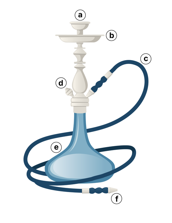 Illustration einer Shisha. Zu sehen sind Kopf, Teller, Schlauch, Ventil, Wasser-Behälter (Bowl) und Mundstück. Quelle: iStock.